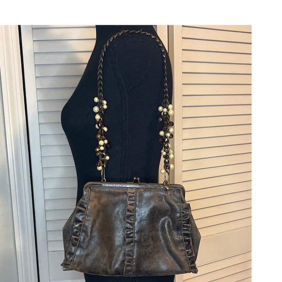 Liz Soto Distressed Leather Ruffled‎ Women's Bag Purse Handbag Brown - Picture 1 of 10